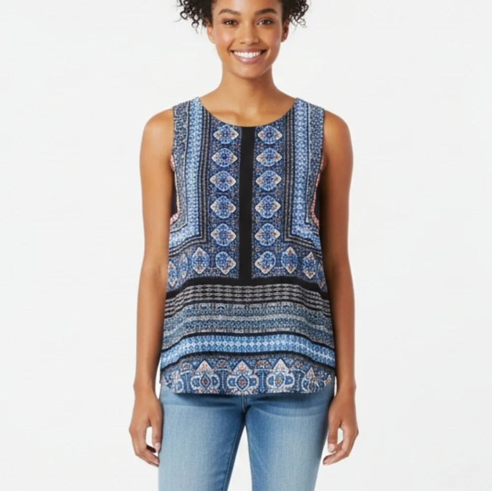 ReneeC. Size L Cami Top Blouse Sleeveless Tank Handkerchief Mandala Boho Blue